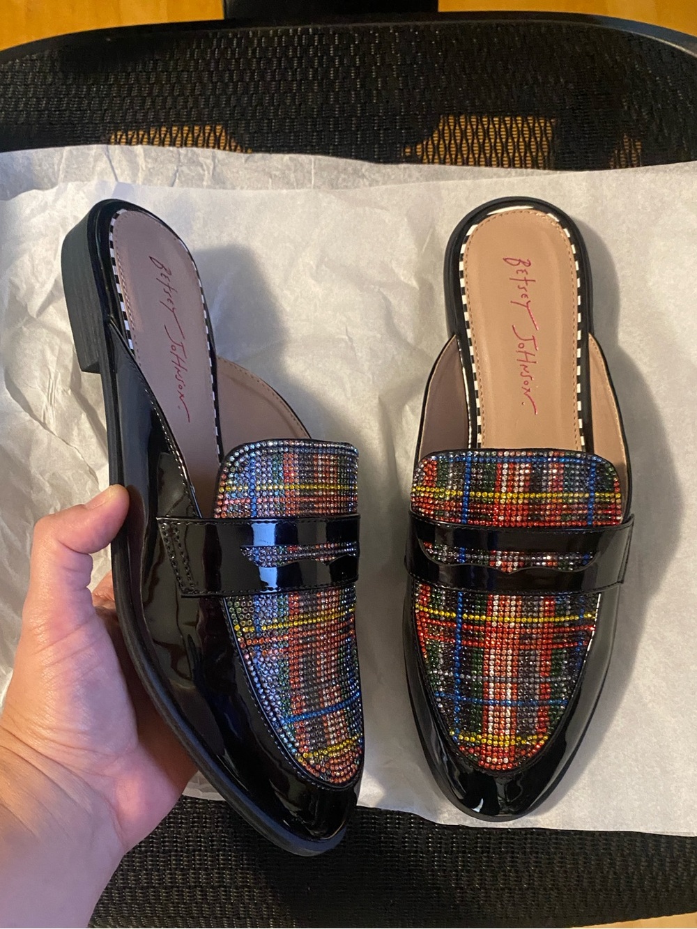 New Betsey Johnson Black Multicolor Plaid Leather Loafer Mules